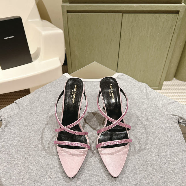 HIGH HEEL MULE 10 CM IN BABY PINK SATIN WITH RHINESTONES