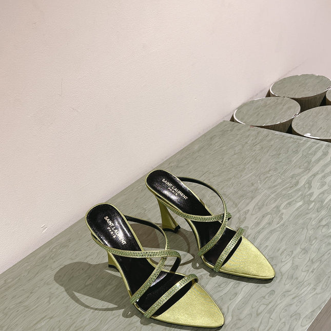 HIGH HEEL MULE 10 CM IN OLIVE GREEN SATIN WITH RHINESTONES