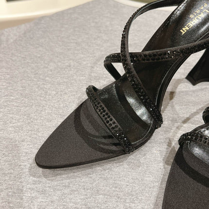 HIGH HEEL MULE 10 CM IN BLACK SATIN WITH RHINESTONES