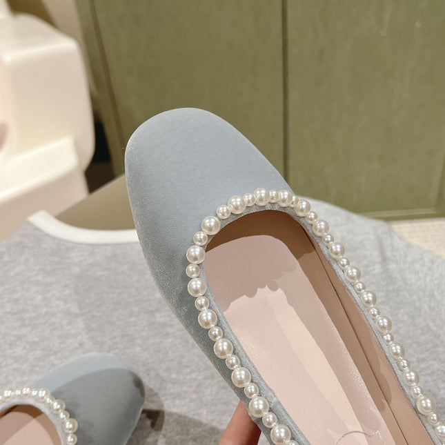 BALLERINAS MARY JANE IN GRAY SUEDE WITH PEARL TRIM