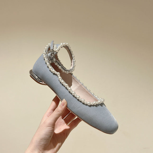 BALLERINAS MARY JANE IN GRAY SUEDE WITH PEARL TRIM
