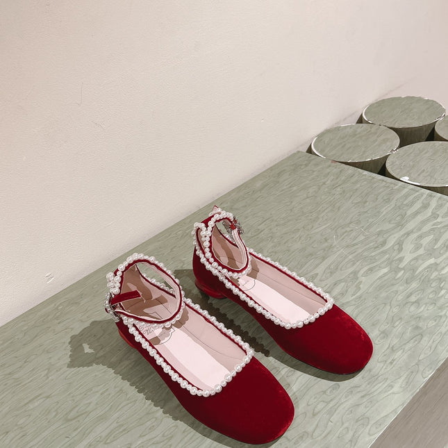 BALLERINAS MARY JANE IN BURGUNDY RED SUEDE WITH PEARL TRIM