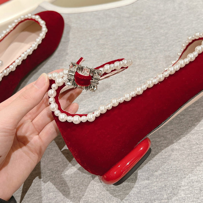 BALLERINAS MARY JANE IN BURGUNDY RED SUEDE WITH PEARL TRIM