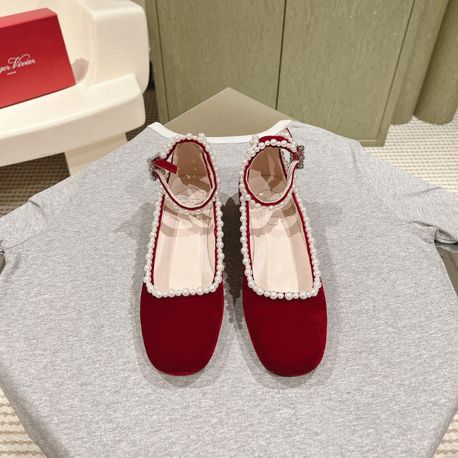 BALLERINAS MARY JANE IN BURGUNDY RED SUEDE WITH PEARL TRIM