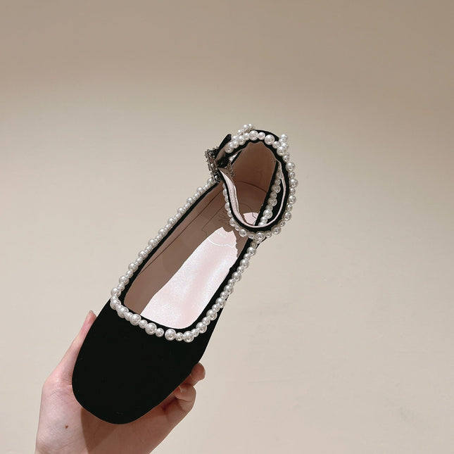 BALLERINAS MARY JANE IN BLACK SUEDE WITH PEARL TRIM