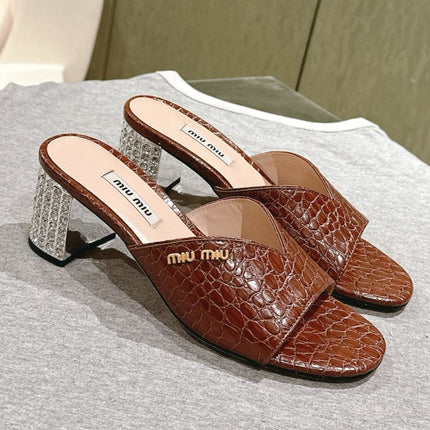 JEWELLED HEEL 55 MULE SANDALS IN RUSET BROWN CALFSKIN