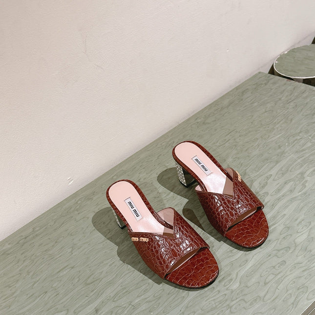 JEWELLED HEEL 55 MULE SANDALS IN RUSET BROWN CALFSKIN