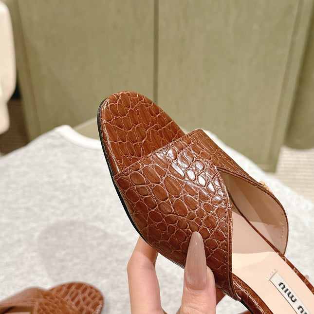 JEWELLED HEEL 55 MULE SANDALS IN RUSET BROWN CALFSKIN