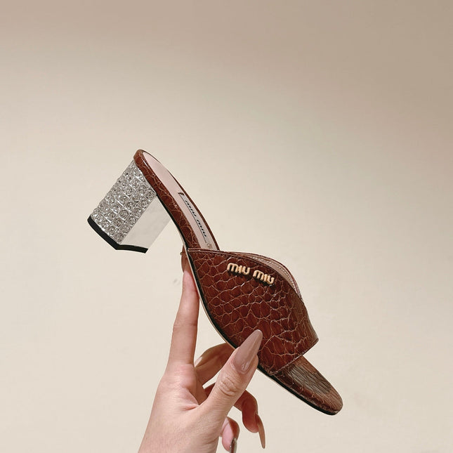 JEWELLED HEEL 55 MULE SANDALS IN RUSET BROWN CALFSKIN