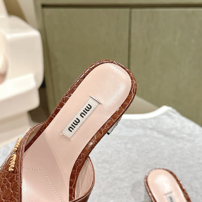 JEWELLED HEEL 55 MULE SANDALS IN RUSET BROWN CALFSKIN