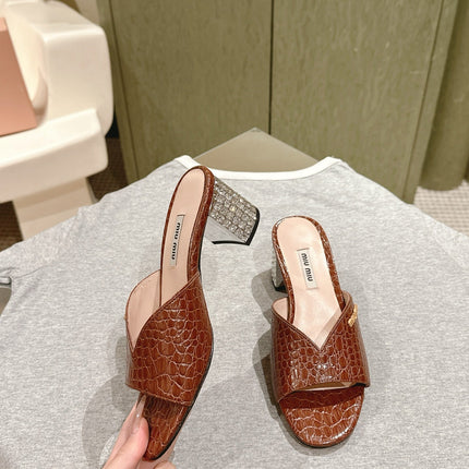 JEWELLED HEEL 55 MULE SANDALS IN RUSET BROWN CALFSKIN