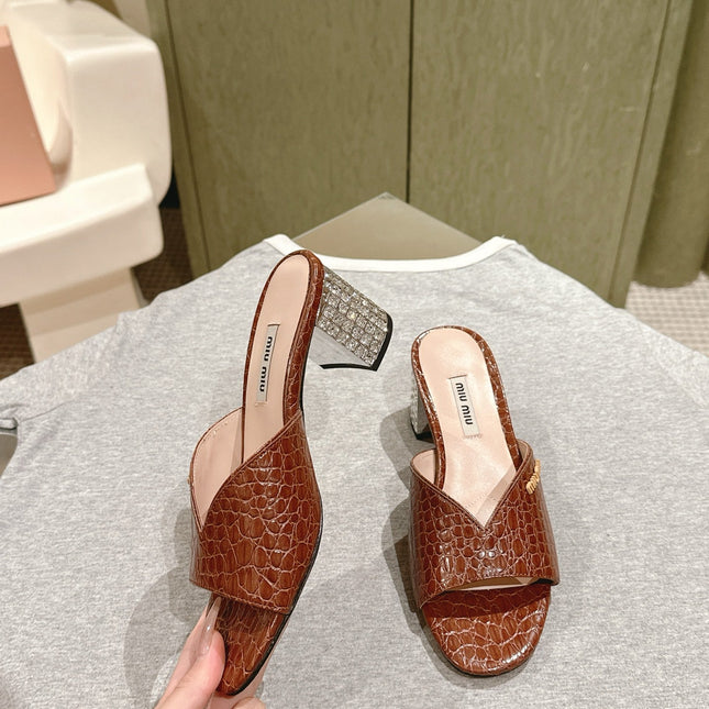 JEWELLED HEEL 55 MULE SANDALS IN RUSET BROWN CALFSKIN