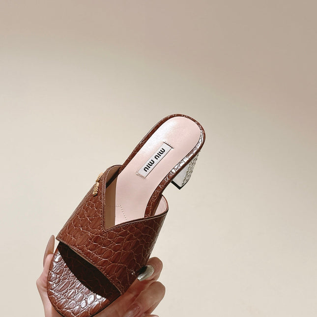 JEWELLED HEEL 55 MULE SANDALS IN RUSET BROWN CALFSKIN