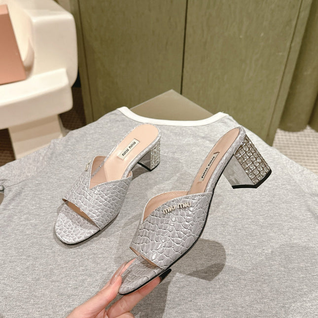 JEWELLED HEEL 55 MULE SANDALS IN SILVER CALFSKIN