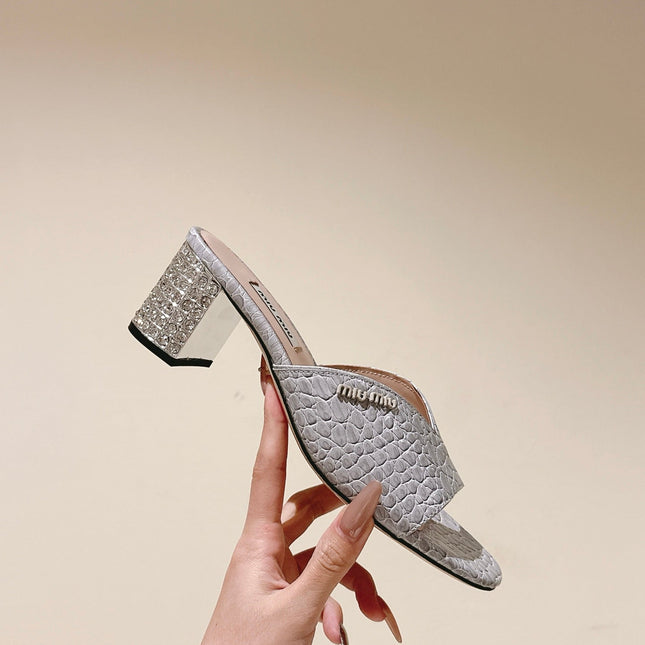 JEWELLED HEEL 55 MULE SANDALS IN SILVER CALFSKIN