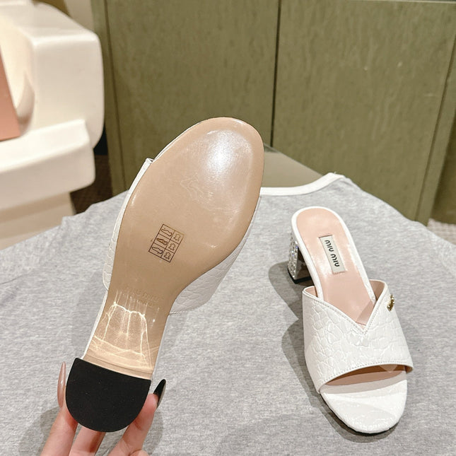 JEWELLED HEEL 55 MULE SANDALS IN WHITE CALFSKIN