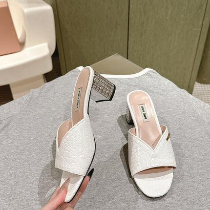 JEWELLED HEEL 55 MULE SANDALS IN WHITE CALFSKIN