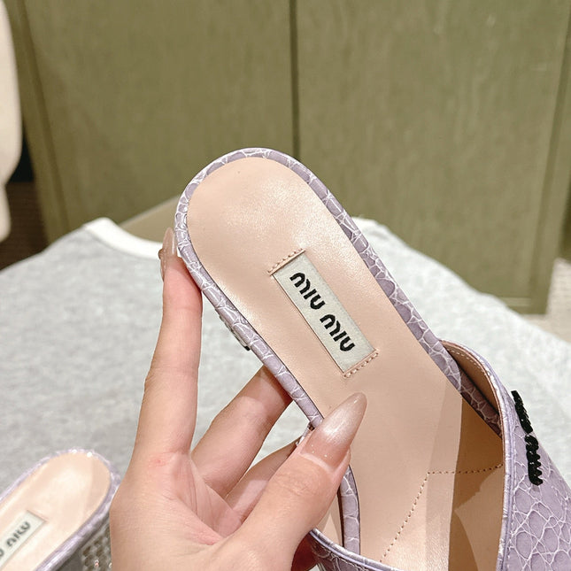 JEWELLED HEEL 55 MULE SANDALS IN PASTEL PURPLE CALFSKIN