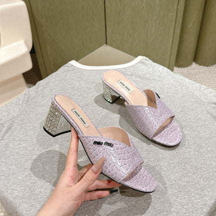 JEWELLED HEEL 55 MULE SANDALS IN PASTEL PURPLE CALFSKIN