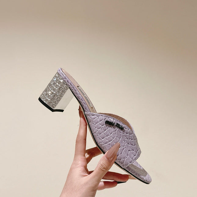 JEWELLED HEEL 55 MULE SANDALS IN PASTEL PURPLE CALFSKIN