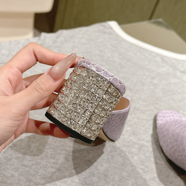 JEWELLED HEEL 55 MULE SANDALS IN PASTEL PURPLE CALFSKIN