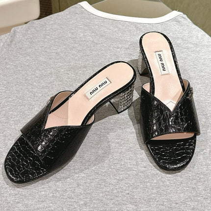 JEWELLED HEEL 55 MULE SANDALS IN BLACK CALFSKIN