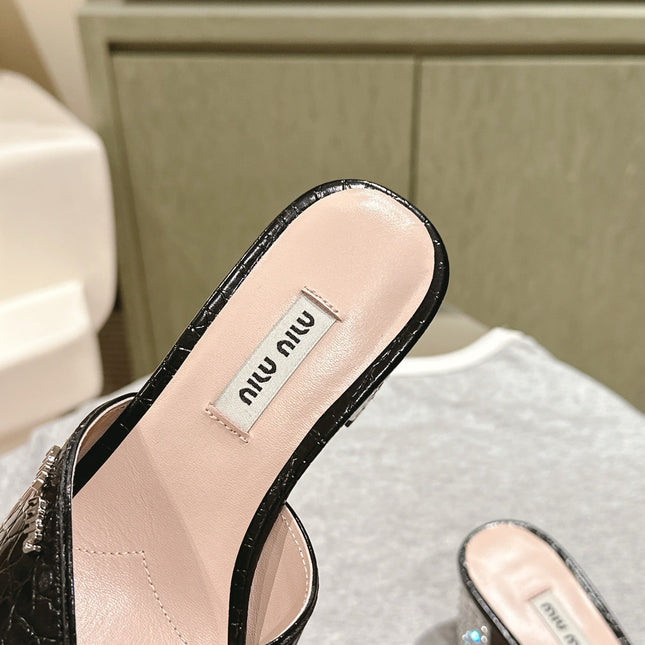 JEWELLED HEEL 55 MULE SANDALS IN BLACK CALFSKIN