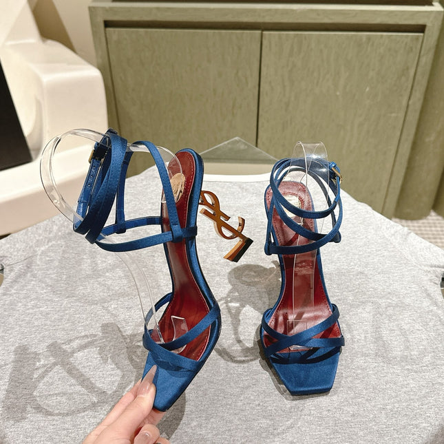 YSL 25S HIGH-HEEL SANDALS 100 MM IN DEEP NAVY BLUE SATIN WITH YSL LOGO HEEL DESIGN IN GOLD