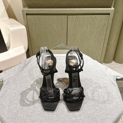 YSL 25S HIGH-HEEL SANDALS 100 MM IN BLACK SATIN WITH YSL LOGO HEEL DESIGN IN GOLD