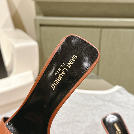 YSL 25S SQUARE-TOE HIGH-HEEL SANDALS 100 MM IN BURNT ORANGE BROWN LAMBSKIN WITH GOLD HARDWARE