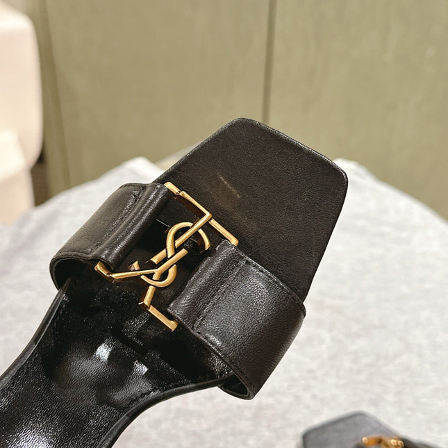 YSL 25S SQUARE-TOE HIGH-HEEL SANDALS 100 MM IN BLACK LAMBSKIN WITH GOLD HARDWARE