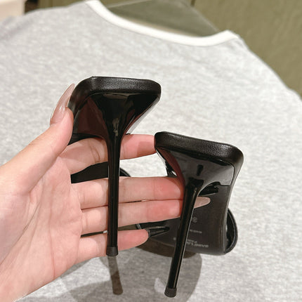 YSL 25S SQUARE-TOE HIGH-HEEL SANDALS 100 MM IN BLACK LAMBSKIN WITH GOLD HARDWARE