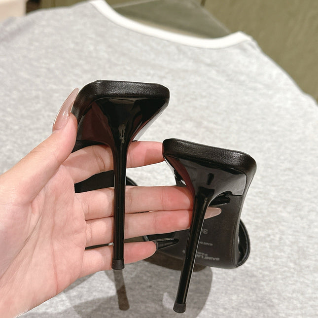 YSL 25S SQUARE-TOE HIGH-HEEL SANDALS 100 MM IN BLACK LAMBSKIN WITH GOLD HARDWARE
