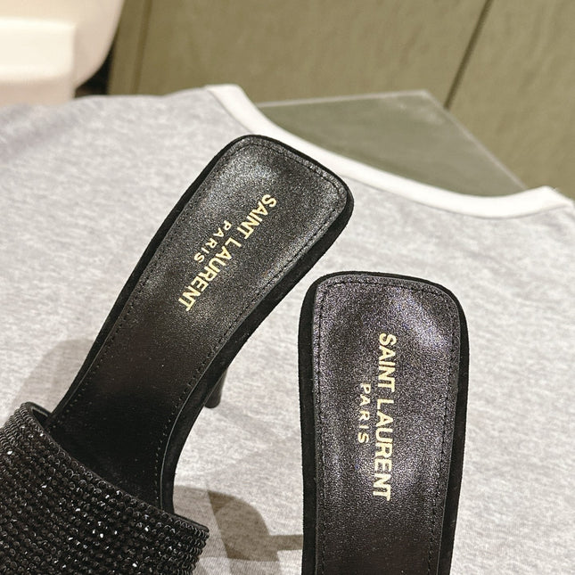 YSL 25S HEELED SANDALS 100 MM IN BLACK LAMBSKIN WITH RHINESTONE-EMBELLISHED STRAP
