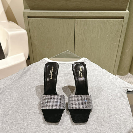 YSL 25S HEELED SANDALS 100 MM IN BLACK LAMBSKIN WITH WHITE RHINESTONE-EMBELLISHED STRAP