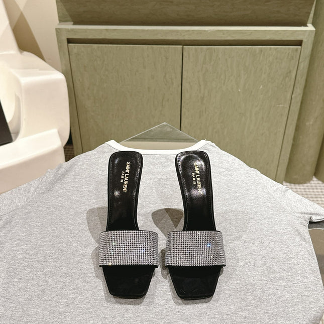 YSL 25S HEELED SANDALS 100 MM IN BLACK LAMBSKIN WITH WHITE RHINESTONE-EMBELLISHED STRAP