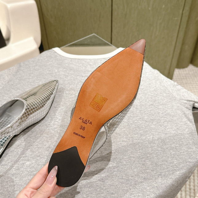 ALAIA SLINGBACK 25S IN SILVER PATENT LEATHER