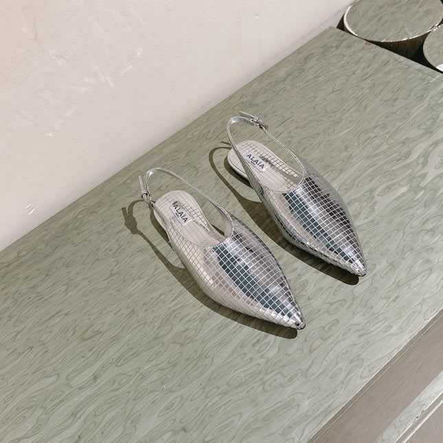 ALAIA SLINGBACK 25S IN SILVER PATENT LEATHER