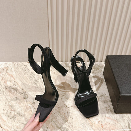 YSL 25S HIGH-HEEL SANDALS 100 MM IN BLACK SATIN