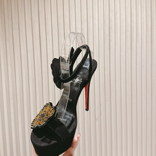 BEADED FLORAL EMBELLISHED STRAPPY SANDALS 135MM IN BLACK VELVET MIX CALFSKIN