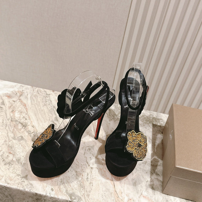 BEADED FLORAL EMBELLISHED STRAPPY SANDALS 135MM IN BLACK VELVET MIX CALFSKIN