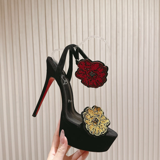 BEADED FLORAL EMBELLISHED STRAPPY SANDALS 135MM IN BLACK VELVET MIX CALFSKIN