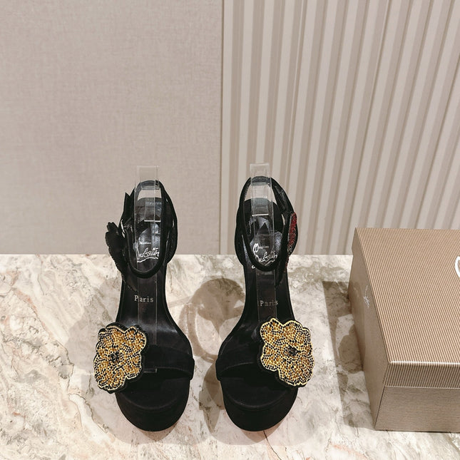 BEADED FLORAL EMBELLISHED STRAPPY SANDALS 135MM IN BLACK VELVET MIX CALFSKIN