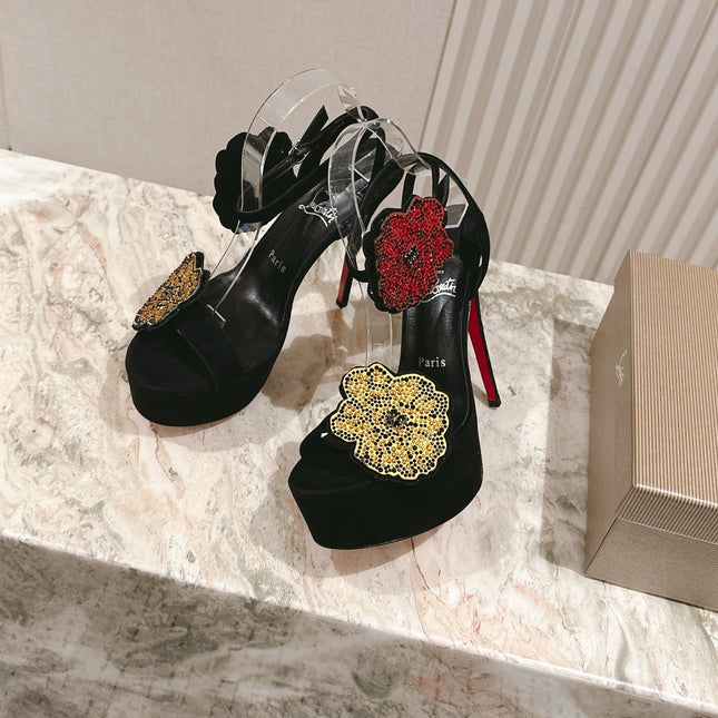 BEADED FLORAL EMBELLISHED STRAPPY SANDALS 135MM IN BLACK VELVET MIX CALFSKIN