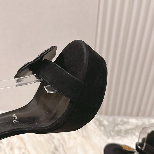 BEADED FLORAL EMBELLISHED STRAPPY SANDALS 135MM IN BLACK VELVET MIX CALFSKIN