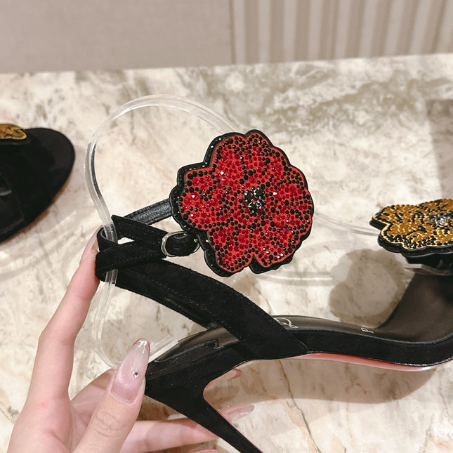 BEADED FLORAL EMBELLISHED SANDALS 135MM IN BLACK VELVET MIX CALFSKIN