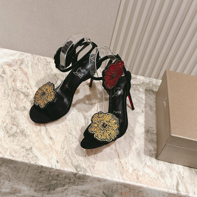 BEADED FLORAL EMBELLISHED SANDALS 135MM IN BLACK VELVET MIX CALFSKIN