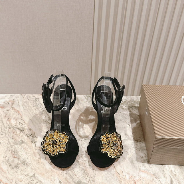 BEADED FLORAL EMBELLISHED SANDALS 135MM IN BLACK VELVET MIX CALFSKIN