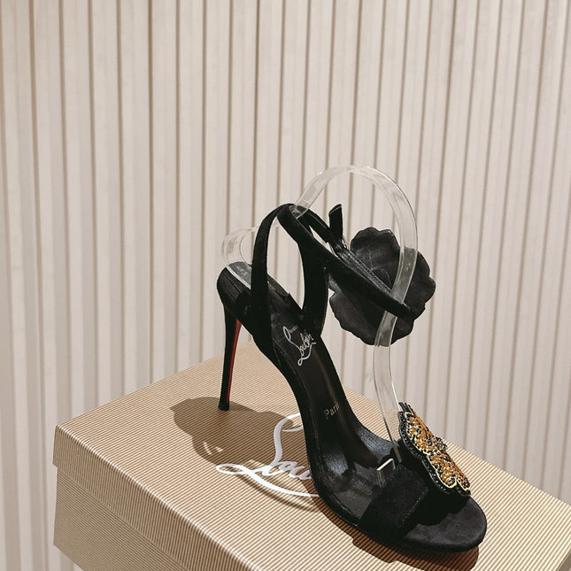 BEADED FLORAL EMBELLISHED SANDALS 135MM IN BLACK VELVET MIX CALFSKIN