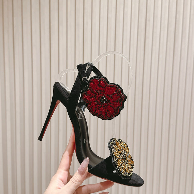 BEADED FLORAL EMBELLISHED SANDALS 135MM IN BLACK VELVET MIX CALFSKIN